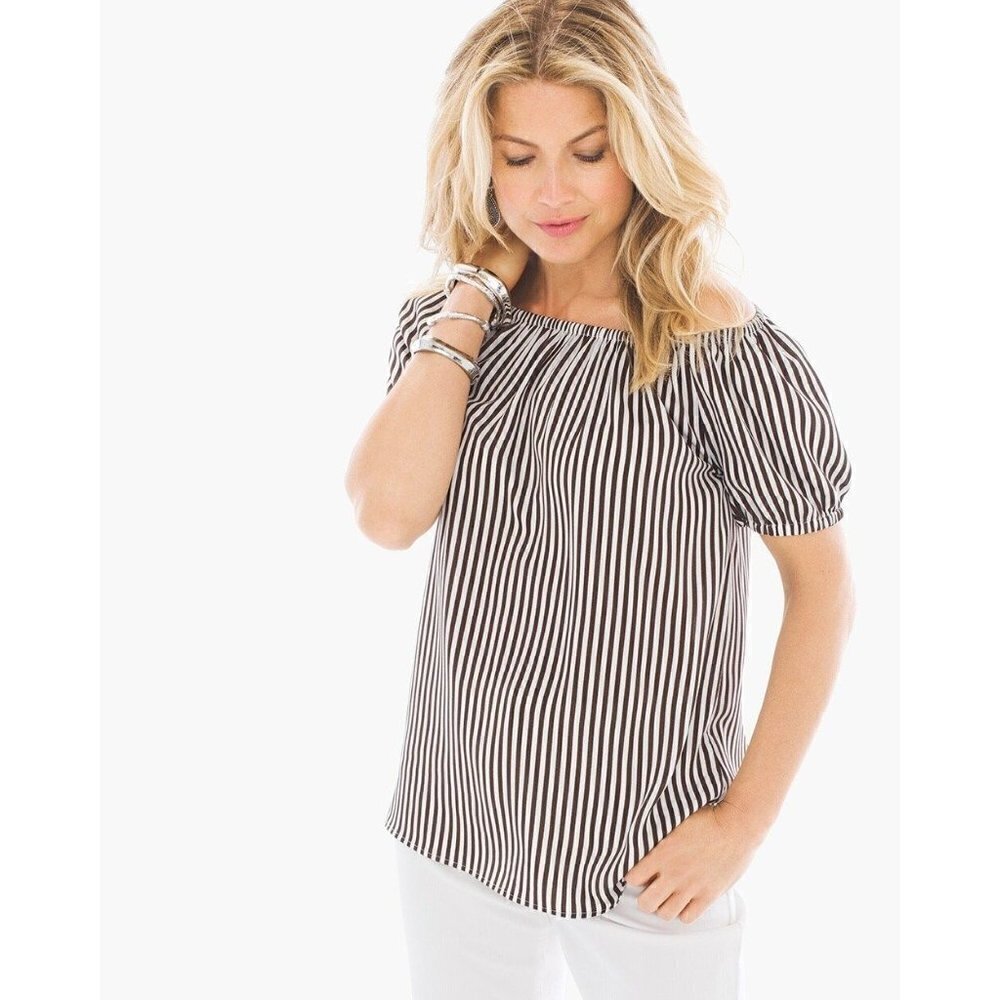 Chico's Boho Brown & White Striped Off The Shoulder Short Sleeve Blouse 1/M